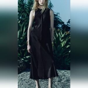 Zara Zw Collection Elegant Black Sleeveless Satin Dress Made Of Spun Viscose